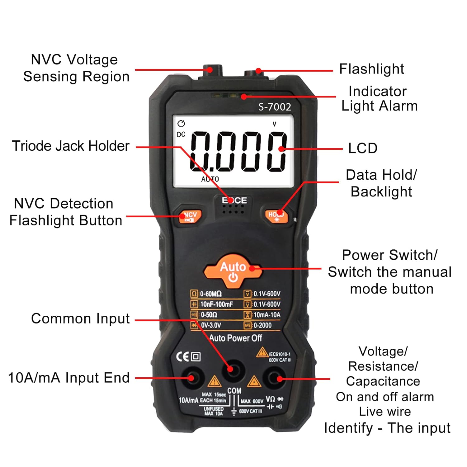 6000 Counts TRMS Digital Multimeter, Auto-Ranging Ohmmeter Voltage Tester with NCV Function for Measure Voltage Current Resistance Diodes Continuity, Black.