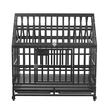 38/”42” Heavy-Duty Dog Pets Kennel Cage Crate Double Door w/Lockable Wheels Steeple Square Tube Dog Crate Safe Metal Tray Size