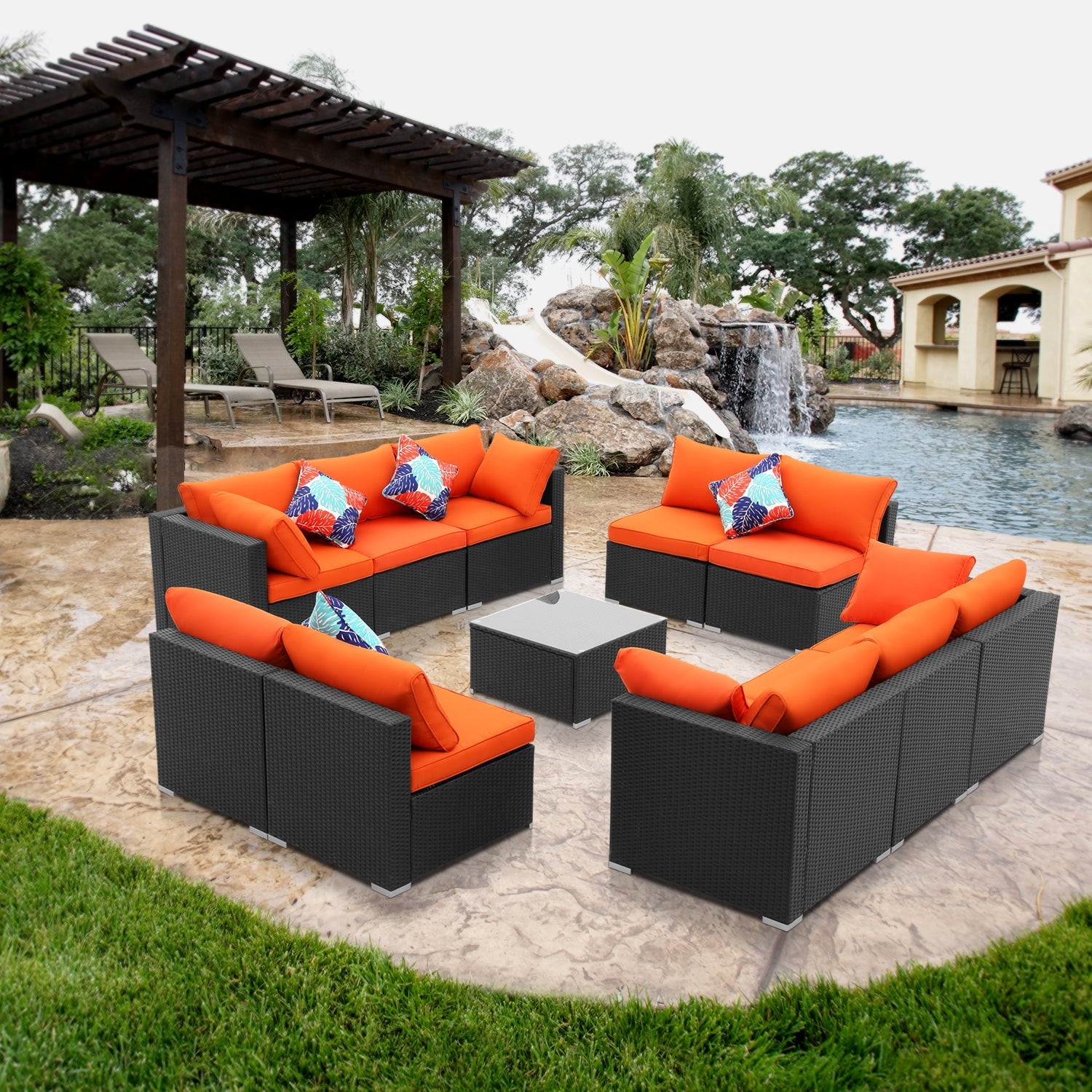 11 Pieces Outdoor Patio Furniture Sofa Set Wicker Sectional Rattan Conversation Set with Cushion and Glass Table