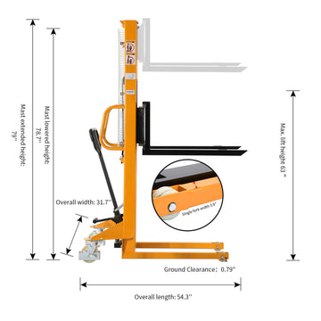 Manual Pallet Stacker Adjustable Forks 1100lbs Cap. 63