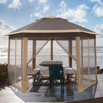 Outdoor 6-Sided Pop Up Canopy with Sidewalls, Double-roofed & Extended Eaves
