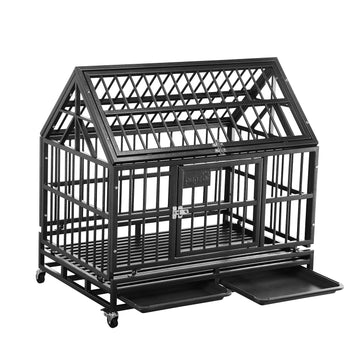 Heavy-Duty?Dog Pets Kennel Cage Crate Double Door w/Lockable Wheels Steeple Round Tube Dog Crate Safe Metal Tray