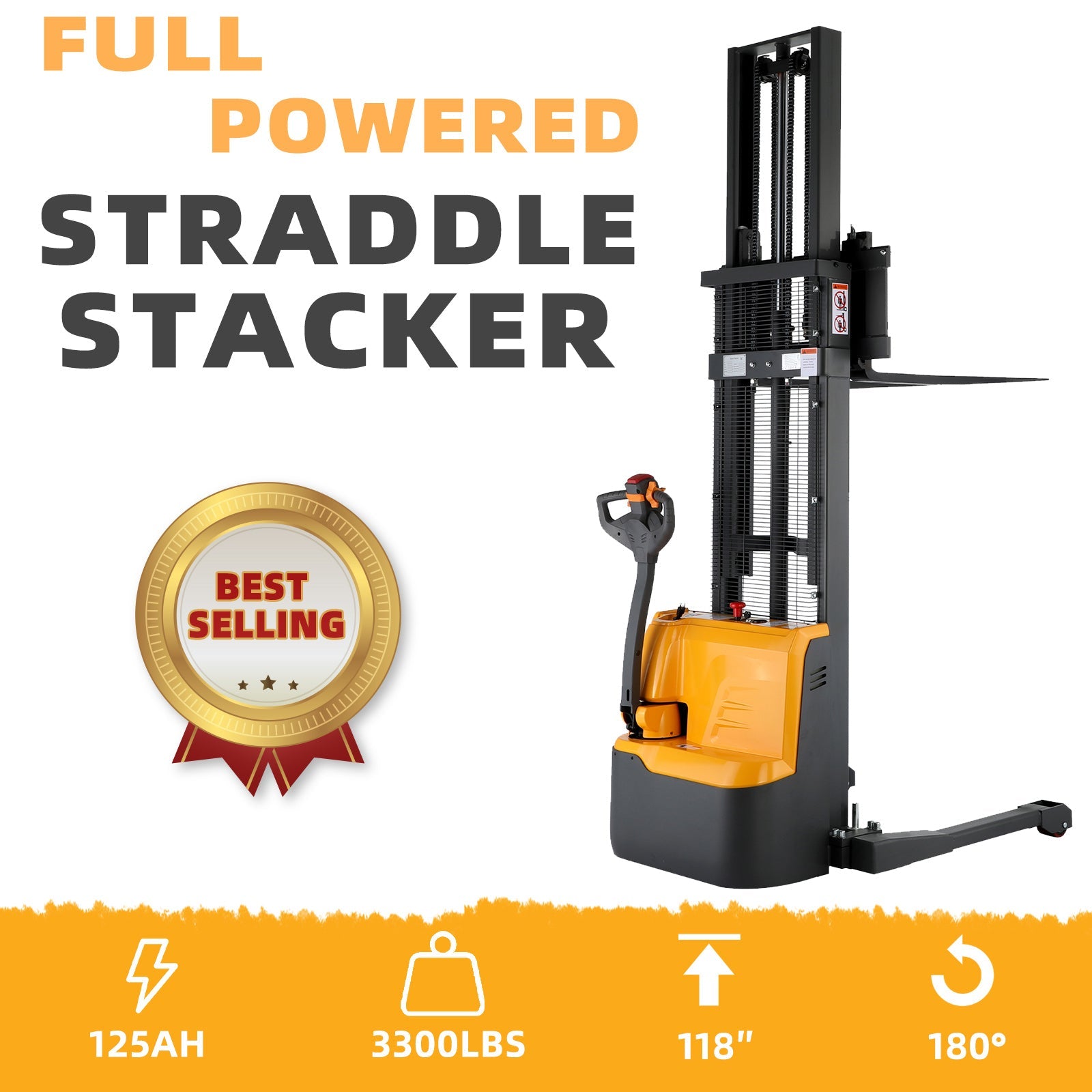 Powered Forklift Full Electric Walkie Stacker 3300lbs Cap. Straddle Legs. 118" lifting Y-3023