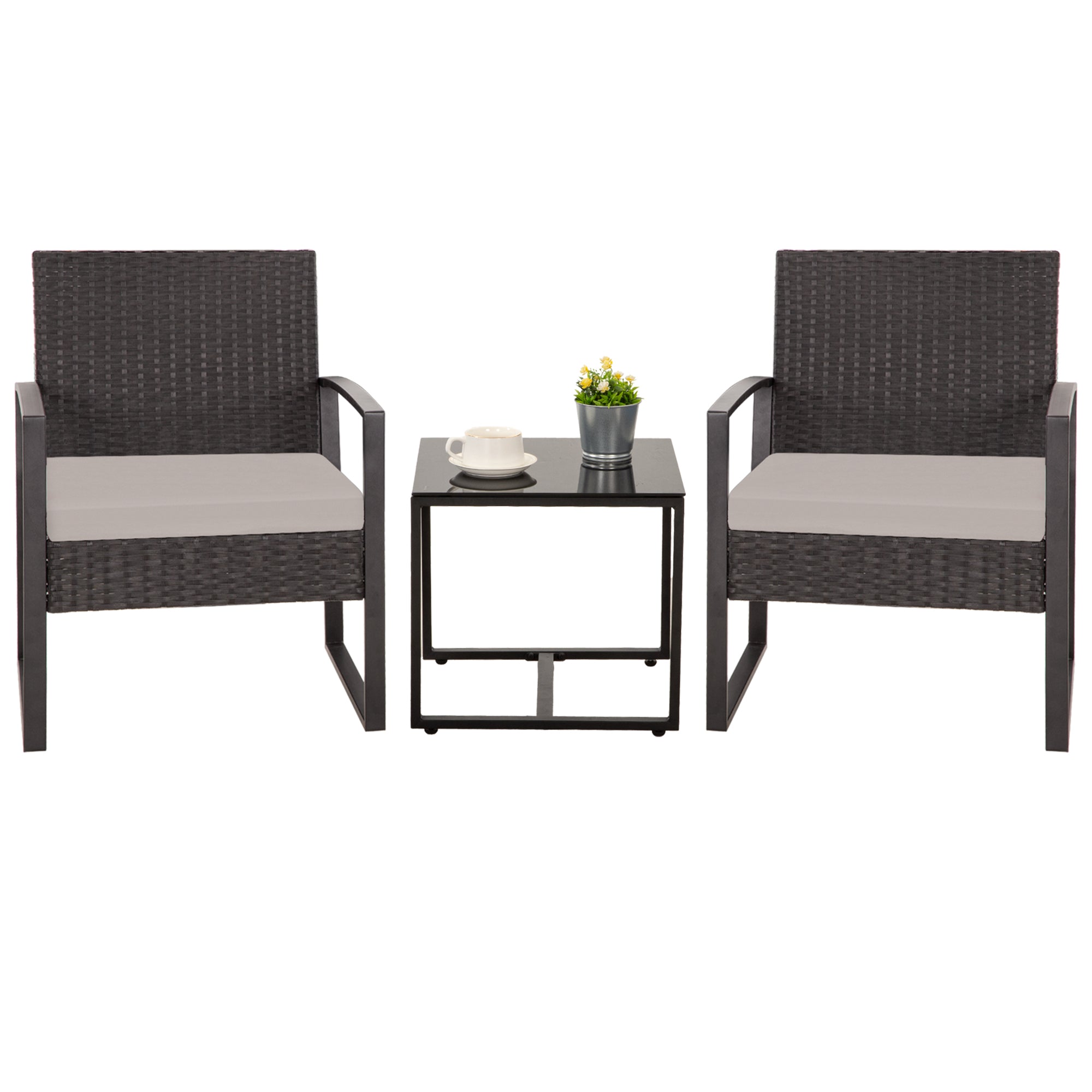 Ainfox 3 Piece Patio Bistro Set, Outdoor Furniture Set Wicker Rattan Chairs and Coffee Table Conversation Set BKGY