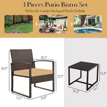 Ainfox 3 Piece Patio Bistro Set, Outdoor Furniture Set Wicker Rattan Chairs and Coffee Table Conversation Set,BRBR